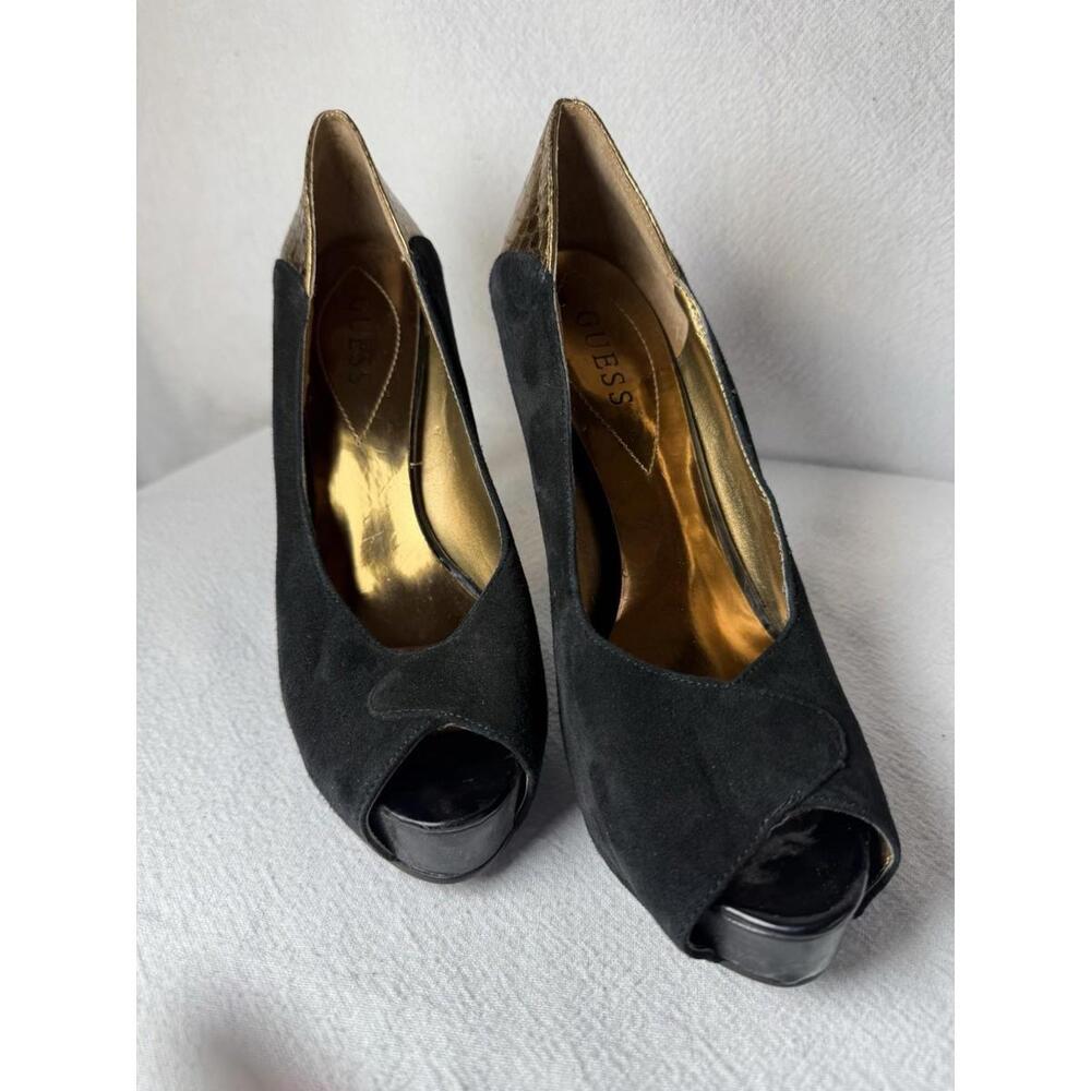 Baddie Girl Guess Black Faux Leather Peep Toe platform Heels Gold Snake Skin